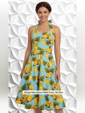 Vintage Style Citrus Lemon Halter Dress - Sky Blue